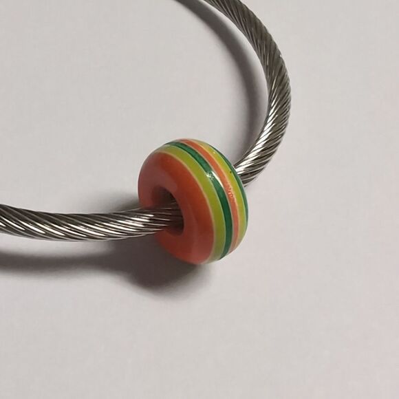 Orange Green Yellow Striped Charm for Pandora Style Bracelet - Picture 4 of 5